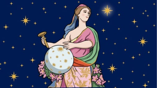 A Greek figure of a woman, cartoon style holding a blue ball with stars